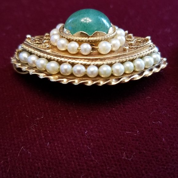 Vintage 14K Jade & Seed Pearl Brooch - Picture 5 of 5
